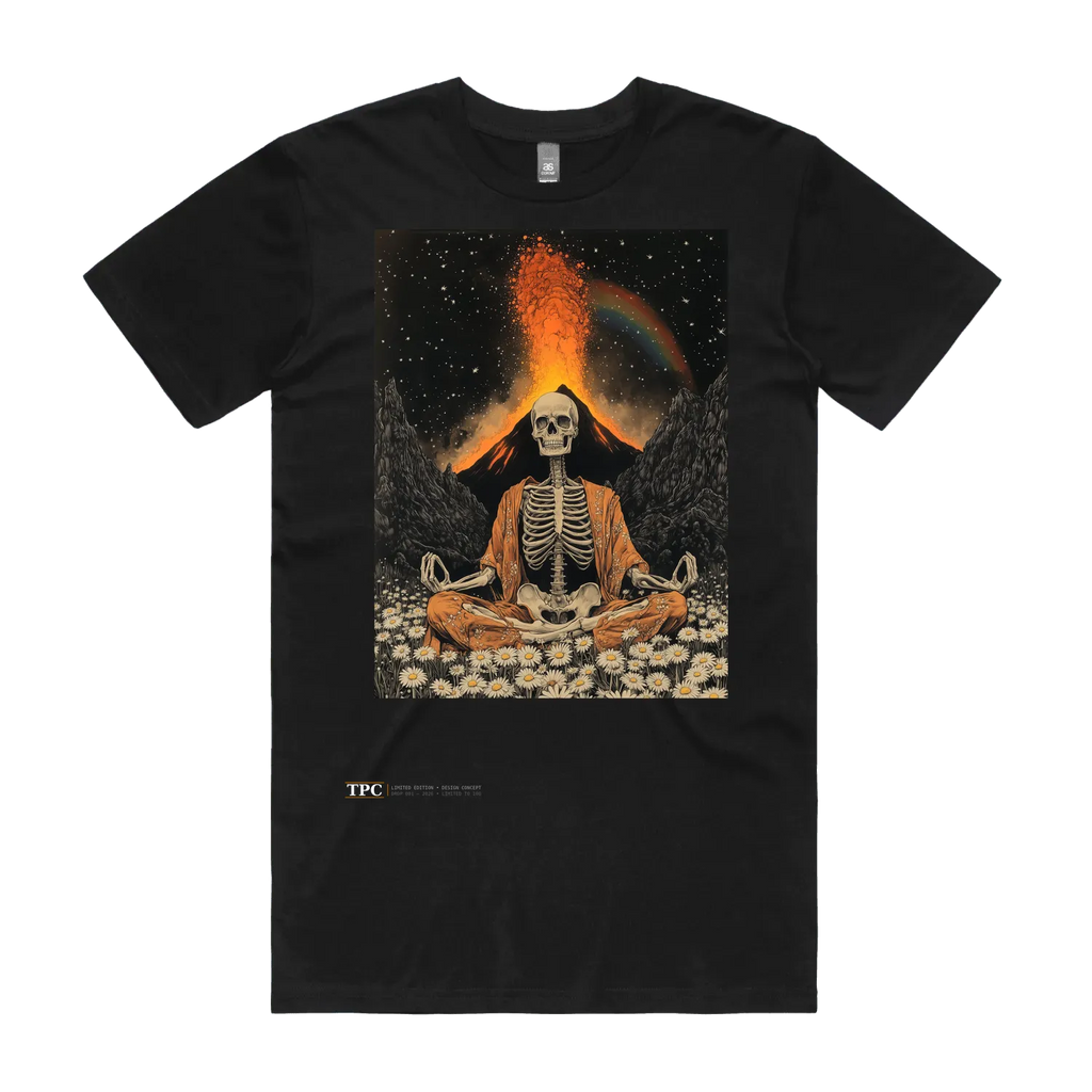Uncontrolled Mind black t-shirt front — TPC limited-edition tee with a skeleton meditating before an erupting volcano