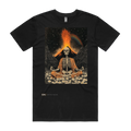 Uncontrolled Mind black t-shirt front — TPC limited-edition tee with a skeleton meditating before an erupting volcano