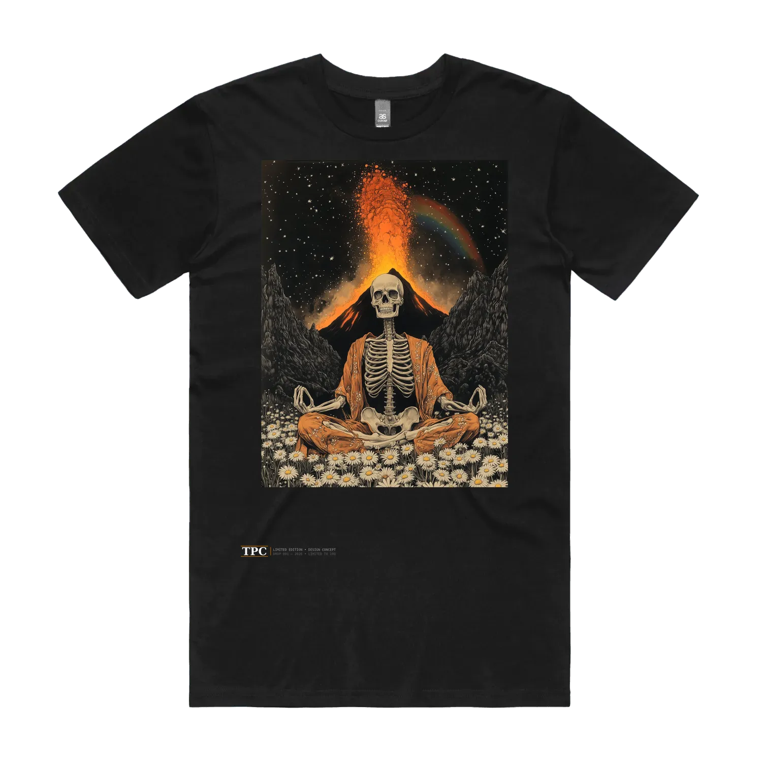 Uncontrolled Mind black t-shirt front — TPC limited-edition tee with a skeleton meditating before an erupting volcano