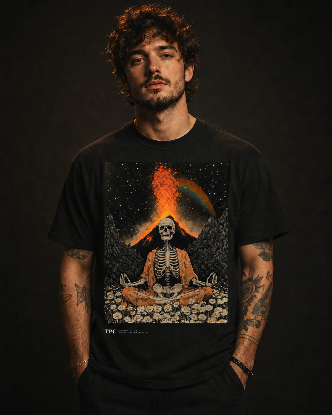 Model wearing the TPC Uncontrolled Mind black tee, front view of the volcano skeleton artwork