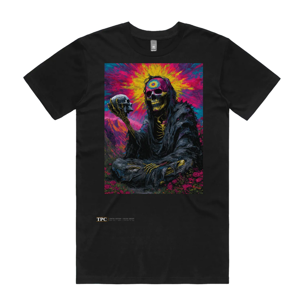 Triggers Set Free black t-shirt front — TPC limited-edition tee with a psychedelic skeleton holding its own skull