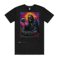 Triggers Set Free black t-shirt front — TPC limited-edition tee with a psychedelic skeleton holding its own skull