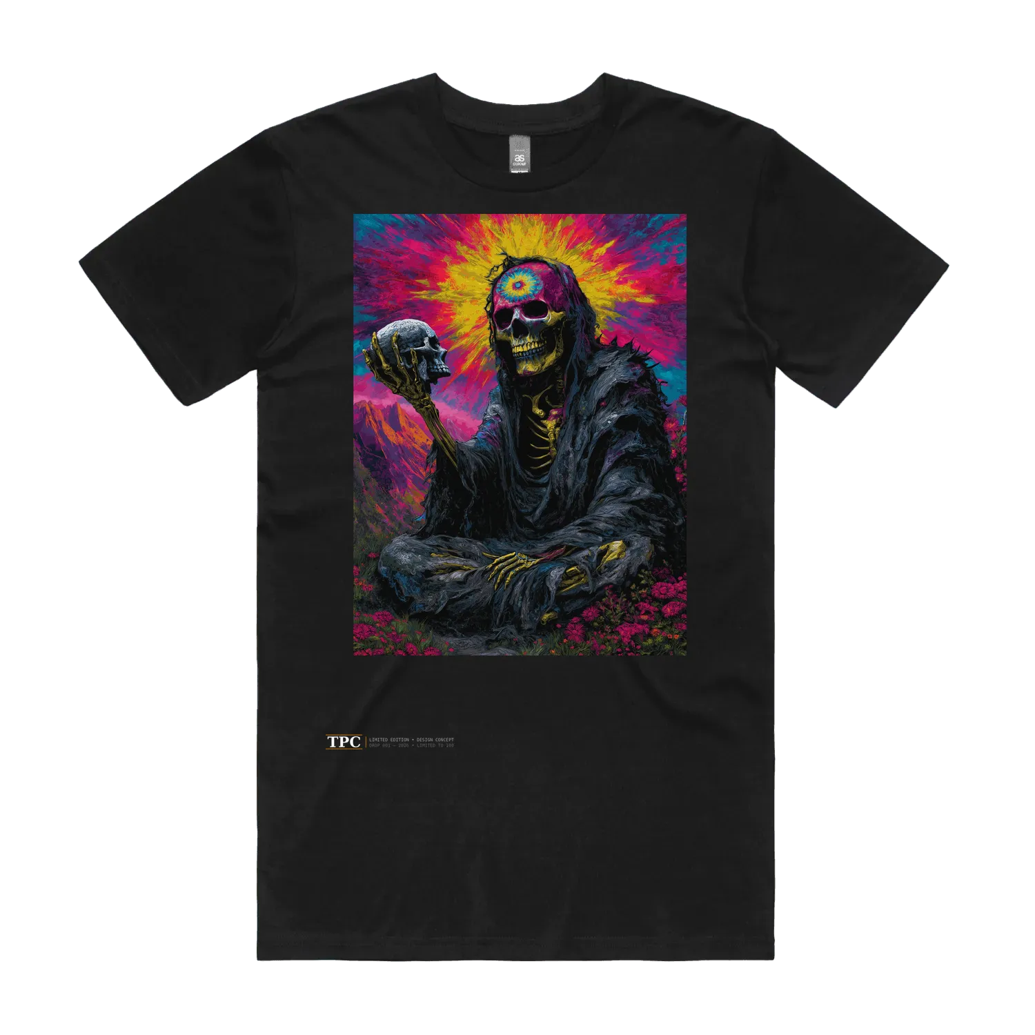 Triggers Set Free black t-shirt front — TPC limited-edition tee with a psychedelic skeleton holding its own skull
