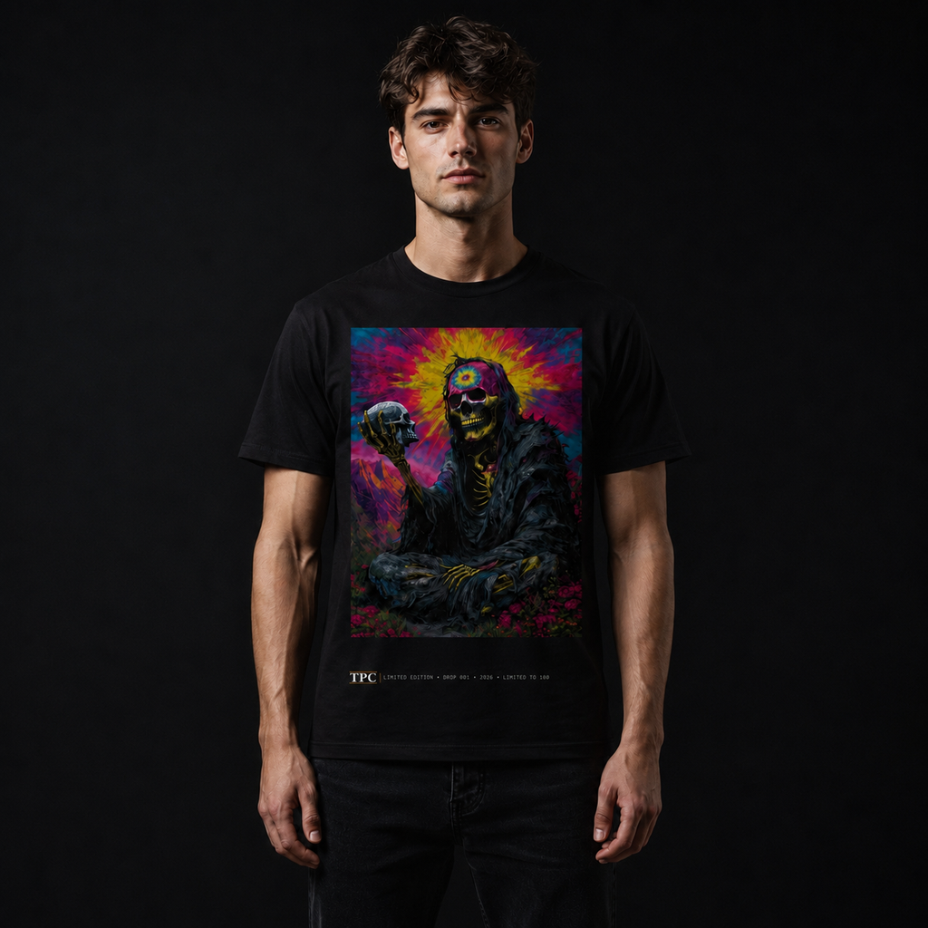 Model wearing the TPC Triggers Set Free black tee, front view of the psychedelic skeleton artwork