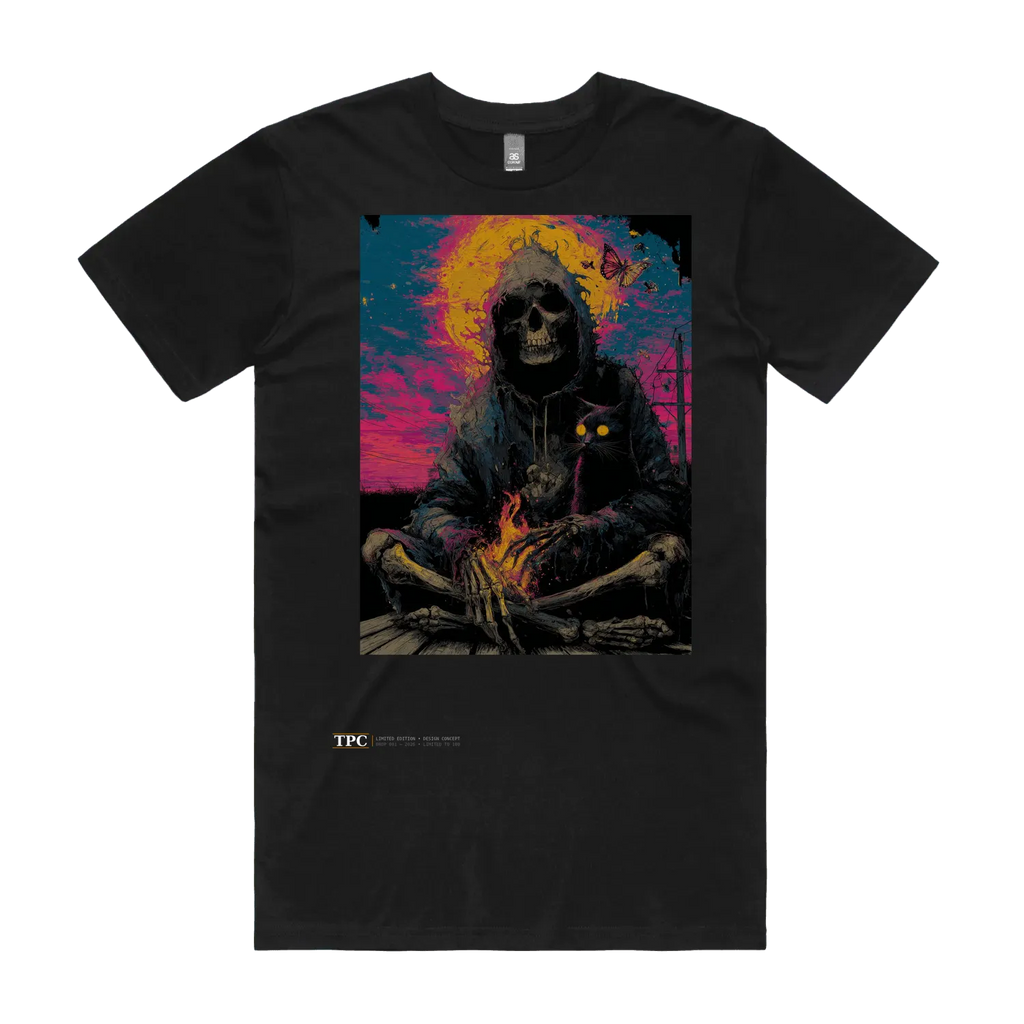 Quietly Existing Variant A black t-shirt front — TPC tee with a hooded skeleton and black cat by a campfire at sunset