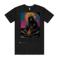 Quietly Existing Variant A black t-shirt front — TPC tee with a hooded skeleton and black cat by a campfire at sunset