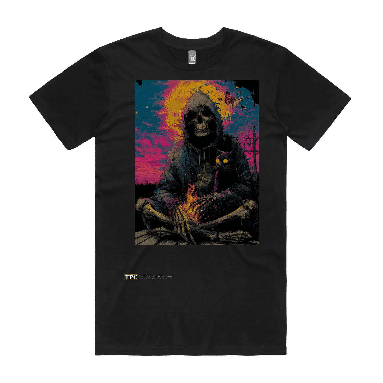 Quietly Existing Variant A black t-shirt front — TPC tee with a hooded skeleton and black cat by a campfire at sunset