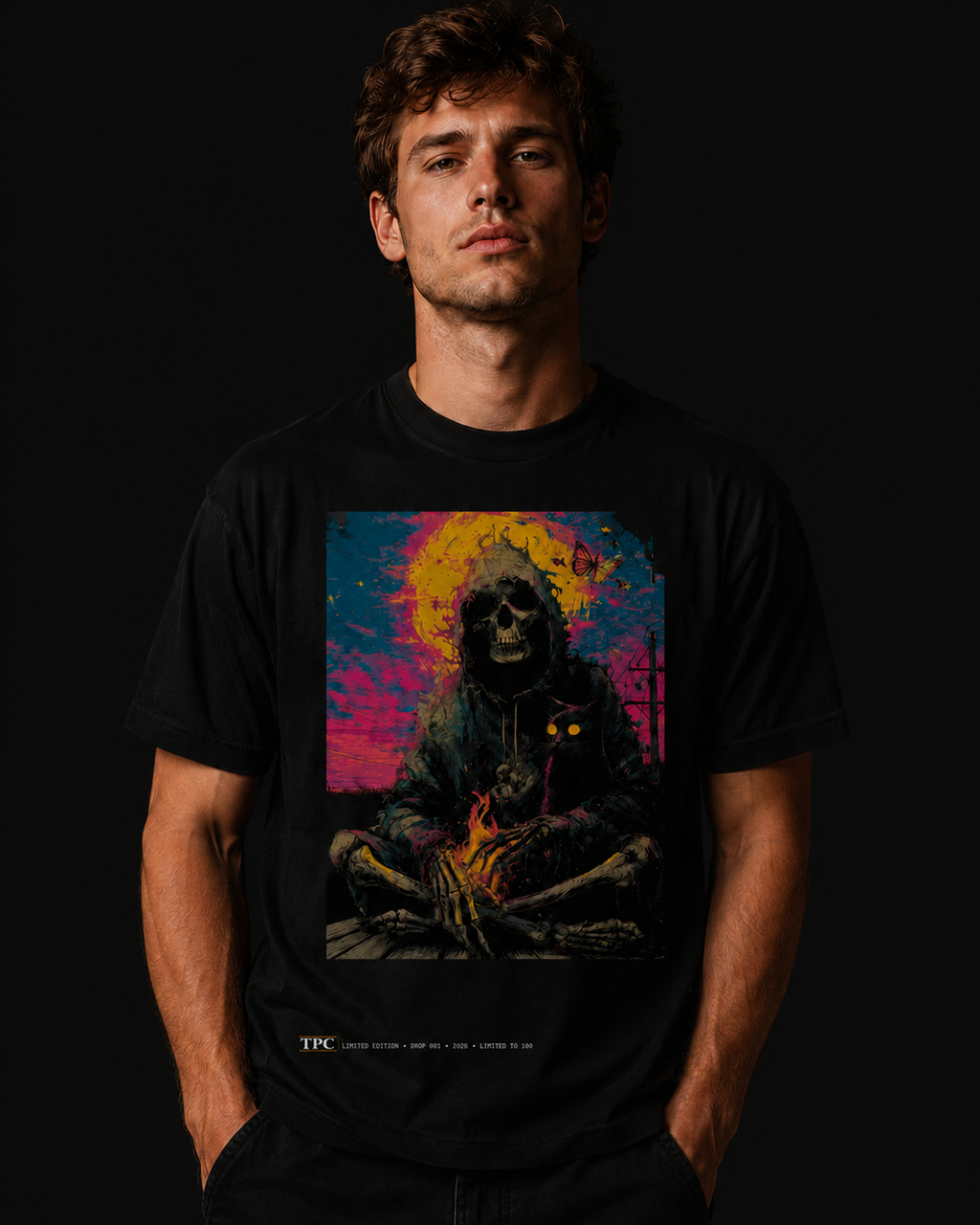 Model wearing the TPC Quietly Existing Variant A black tee, front view of the hooded skeleton artwork