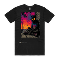 Quietly Existing Variant B black t-shirt front — TPC tee with a hooded skeleton and black cat at sunset