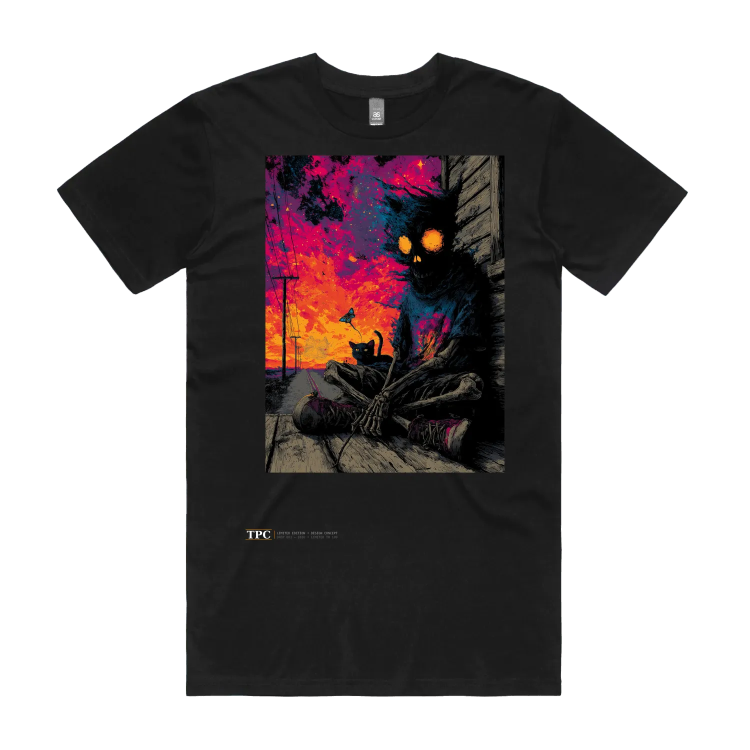 Quietly Existing Variant B black t-shirt front — TPC tee with a hooded skeleton and black cat at sunset