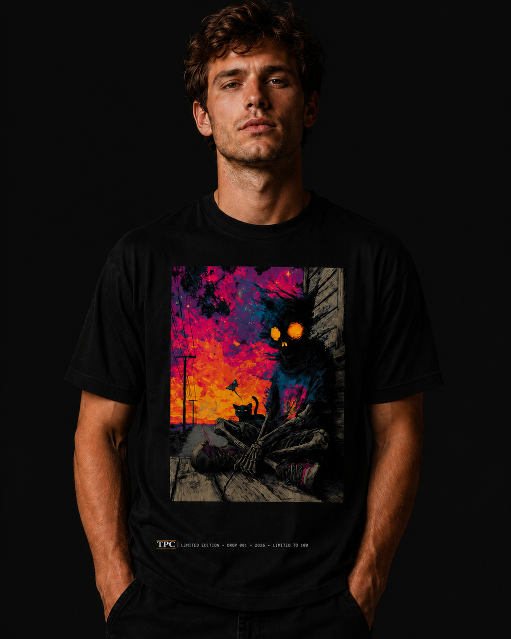Model wearing the TPC Quietly Existing Variant B black tee, front view of the hooded skeleton artwork