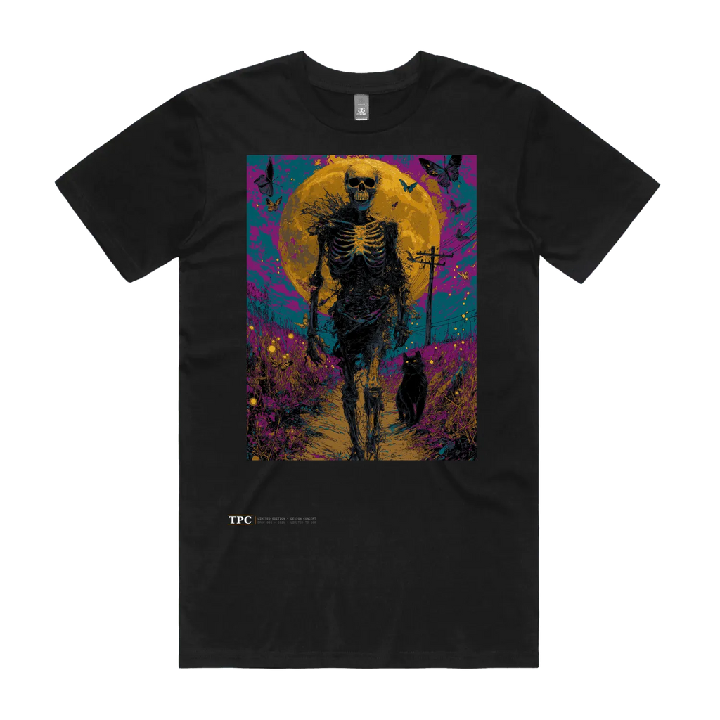 What Comes Easy black t-shirt front — TPC limited-edition tee with a skeleton walking beneath a yellow moon
