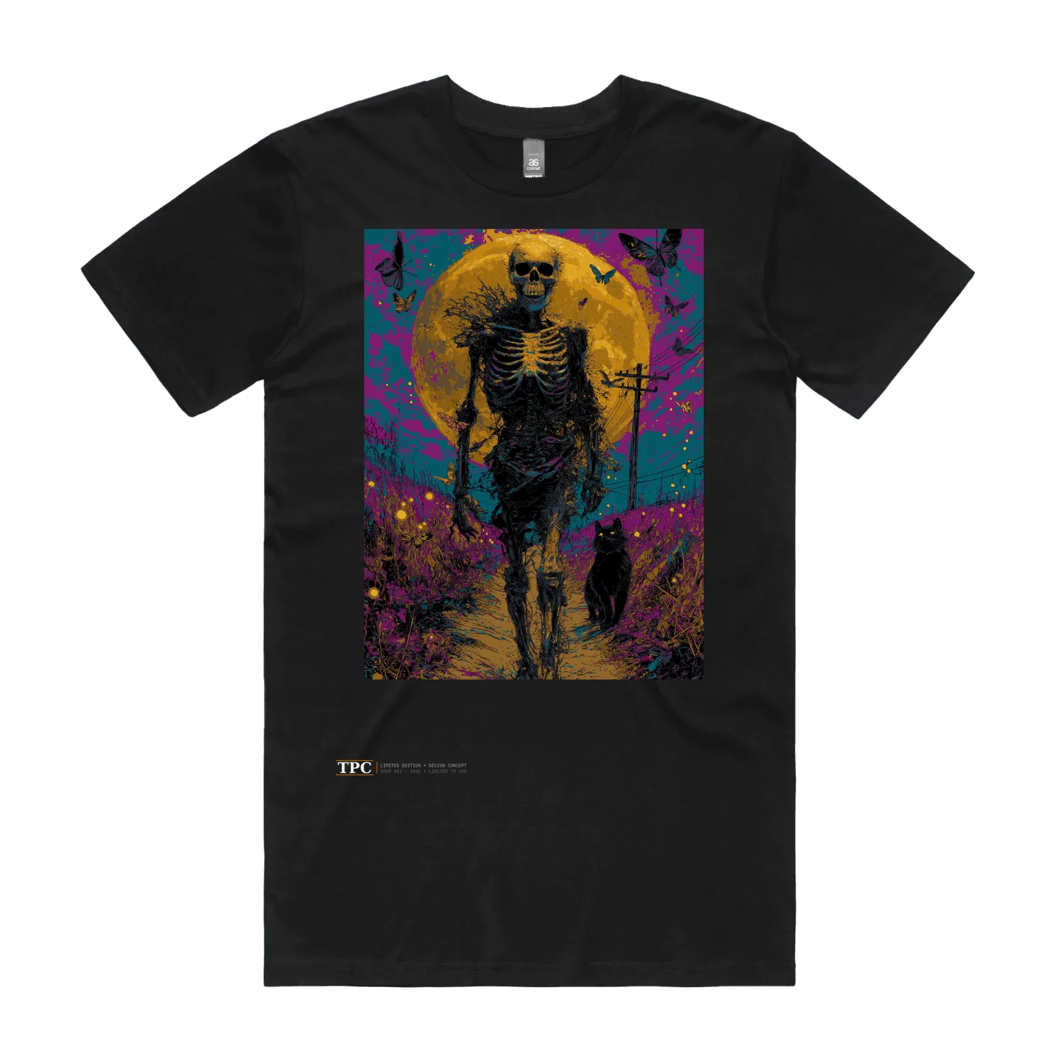 What Comes Easy black t-shirt front — TPC limited-edition tee with a skeleton walking beneath a yellow moon