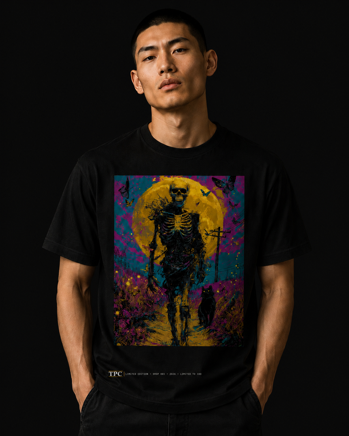 Model wearing the TPC What Comes Easy black tee, front view of the skeleton artwork