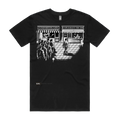 Comforting Lies black t-shirt front — TPC tee illustrating two queues, Comforting Lies versus Unpleasant Truths