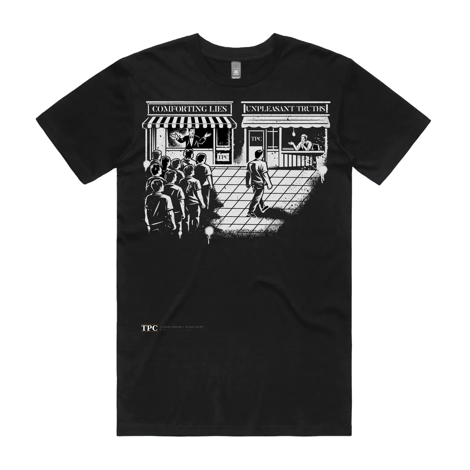 Comforting Lies black t-shirt front — TPC tee illustrating two queues, Comforting Lies versus Unpleasant Truths