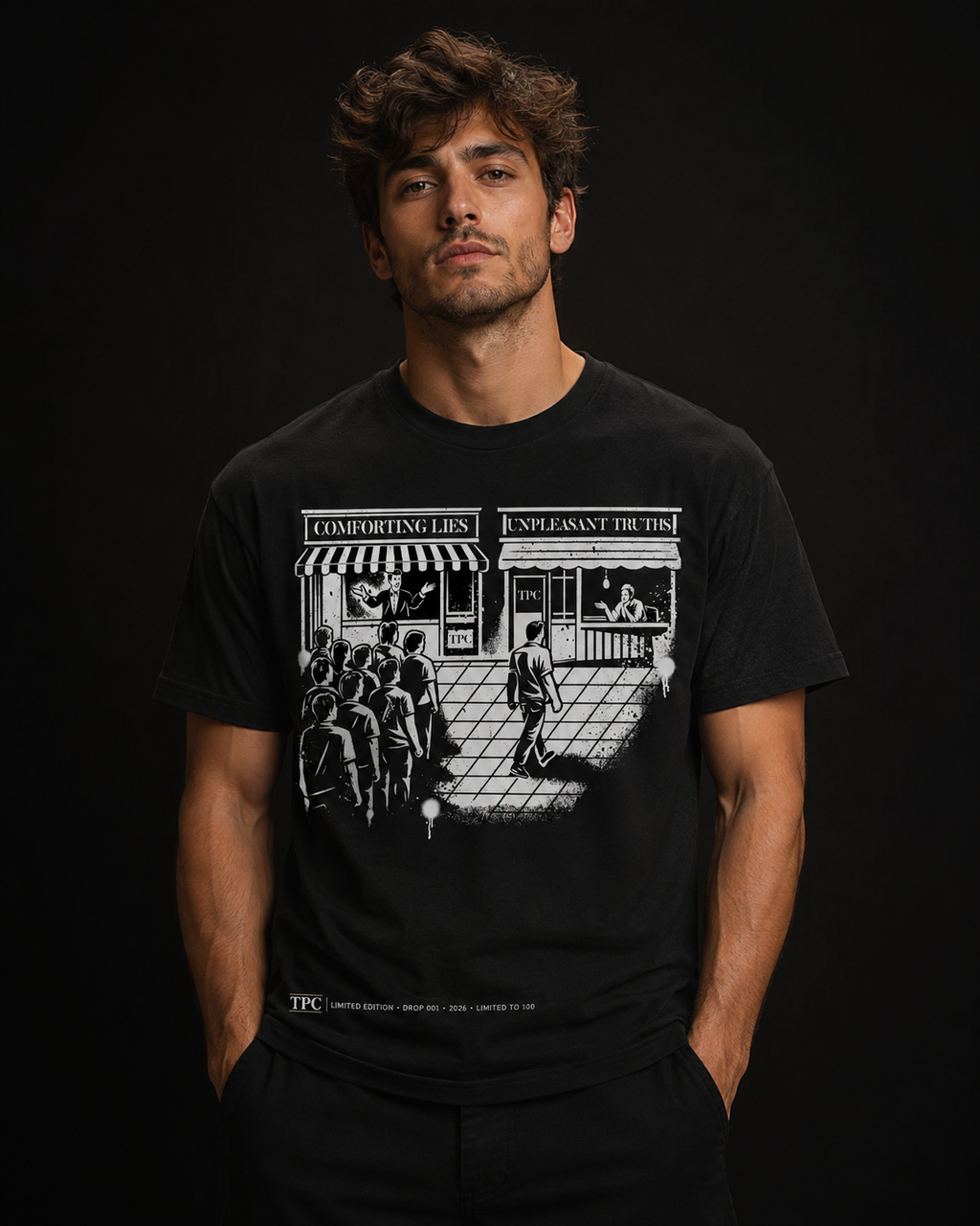 Model wearing the TPC Comforting Lies black tee, front view of the storefront illustration