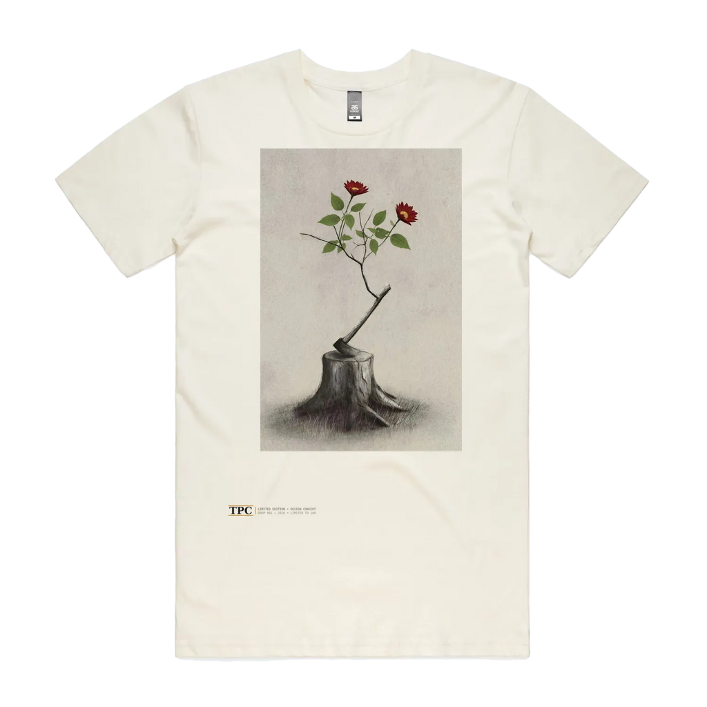 Resilience natural t-shirt front — TPC tee with red flowers growing from an axe-struck tree stump