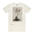 Resilience natural t-shirt front — TPC tee with red flowers growing from an axe-struck tree stump