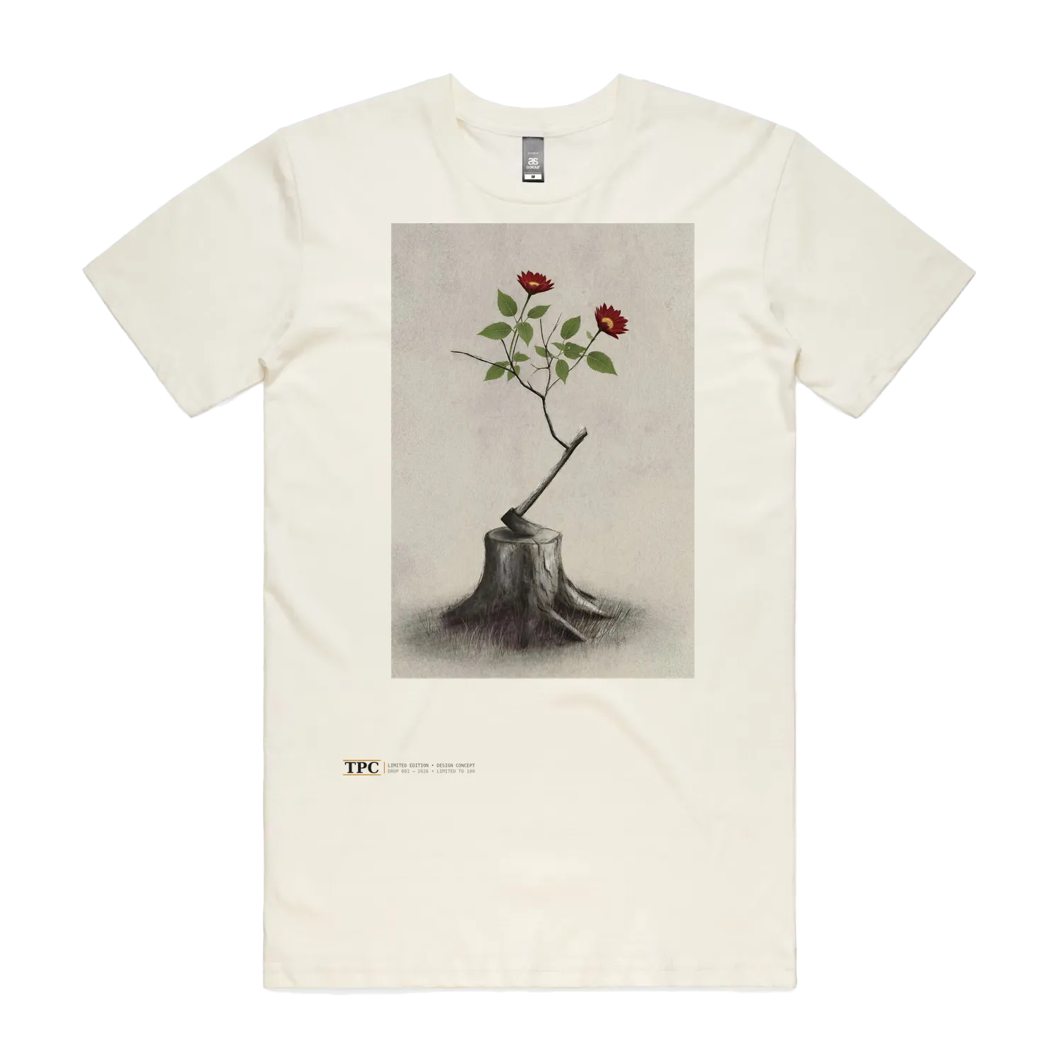 Resilience natural t-shirt front — TPC tee with red flowers growing from an axe-struck tree stump