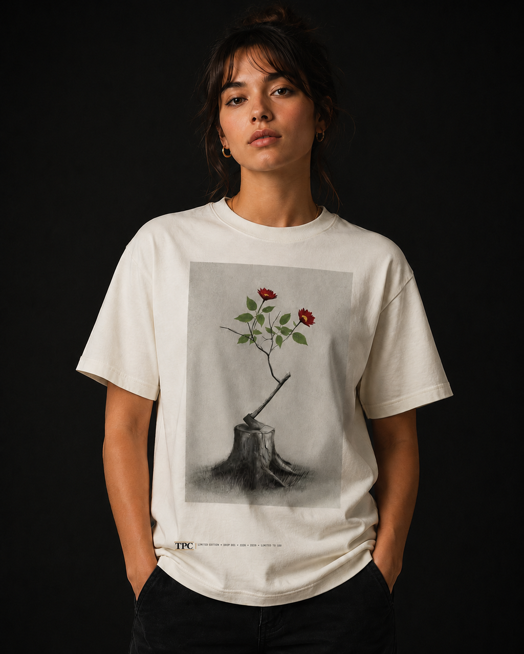Model wearing the TPC Resilience natural tee, front view of the flowering stump artwork