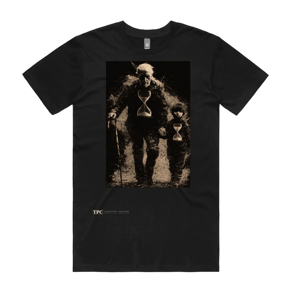 Time Flies black t-shirt front — TPC tee with a grandfather and a child each holding an hourglass