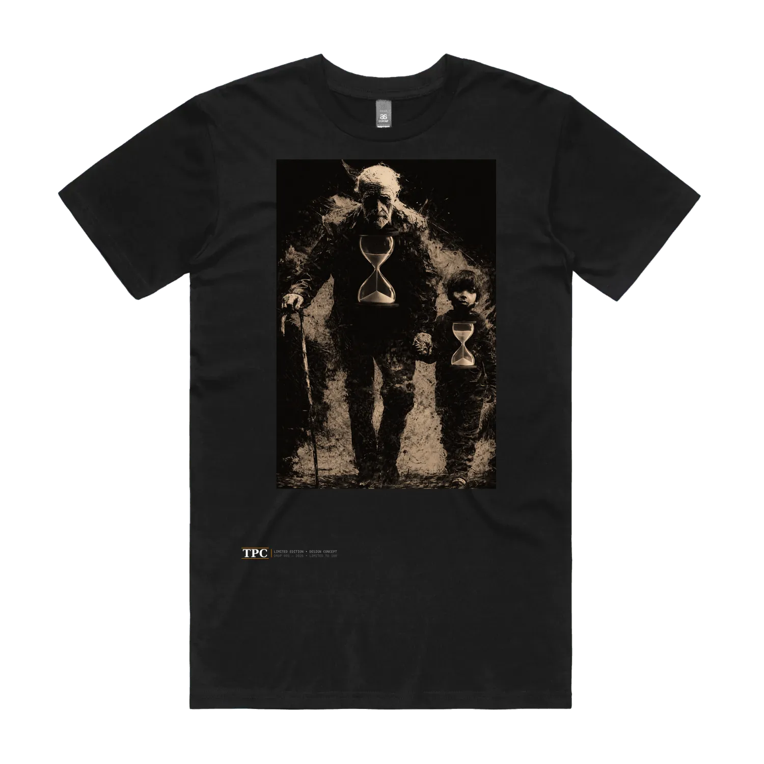 Time Flies black t-shirt front — TPC tee with a grandfather and a child each holding an hourglass