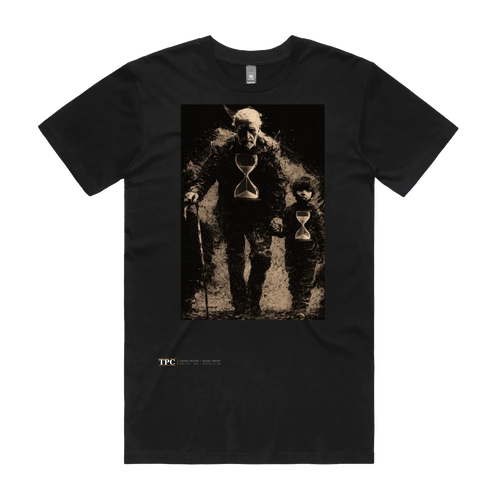 Time Flies black t-shirt front — TPC tee with a grandfather and a child each holding an hourglass