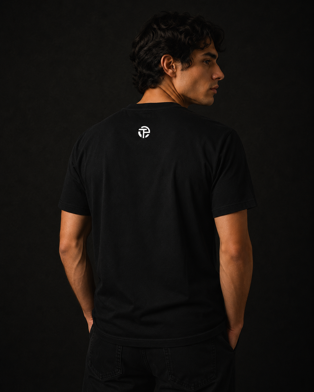 Model wearing the TPC Time Flies black tee, back view