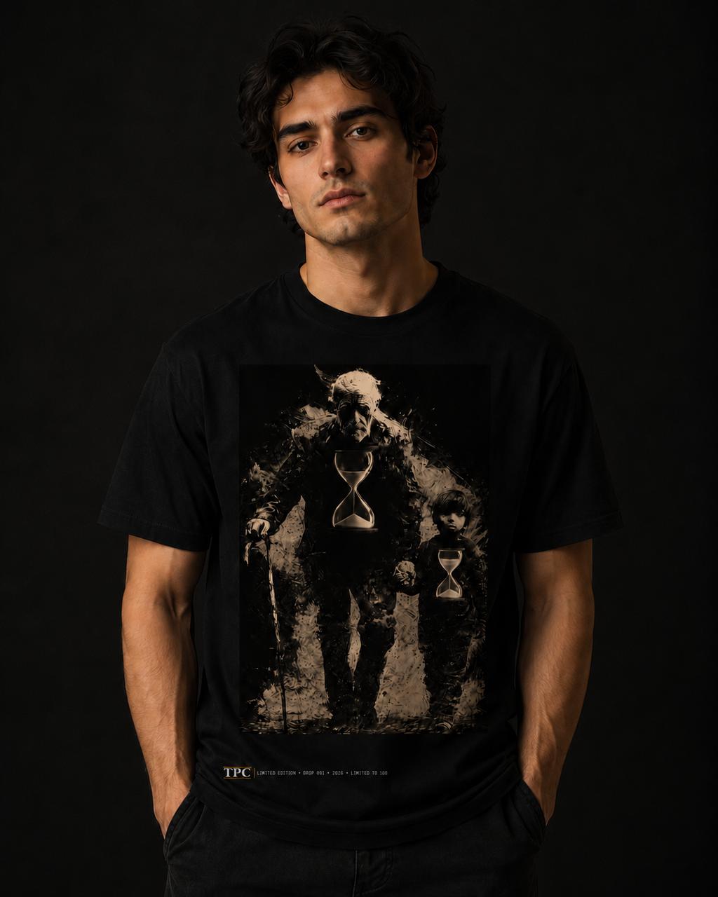 Model wearing the TPC Time Flies black tee, front view of the hourglass artwork