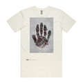 Wounds t-shirt front — TPC tee with a bloodied handprint and the words 'Don't allow your wounds to turn you into someone you are not'