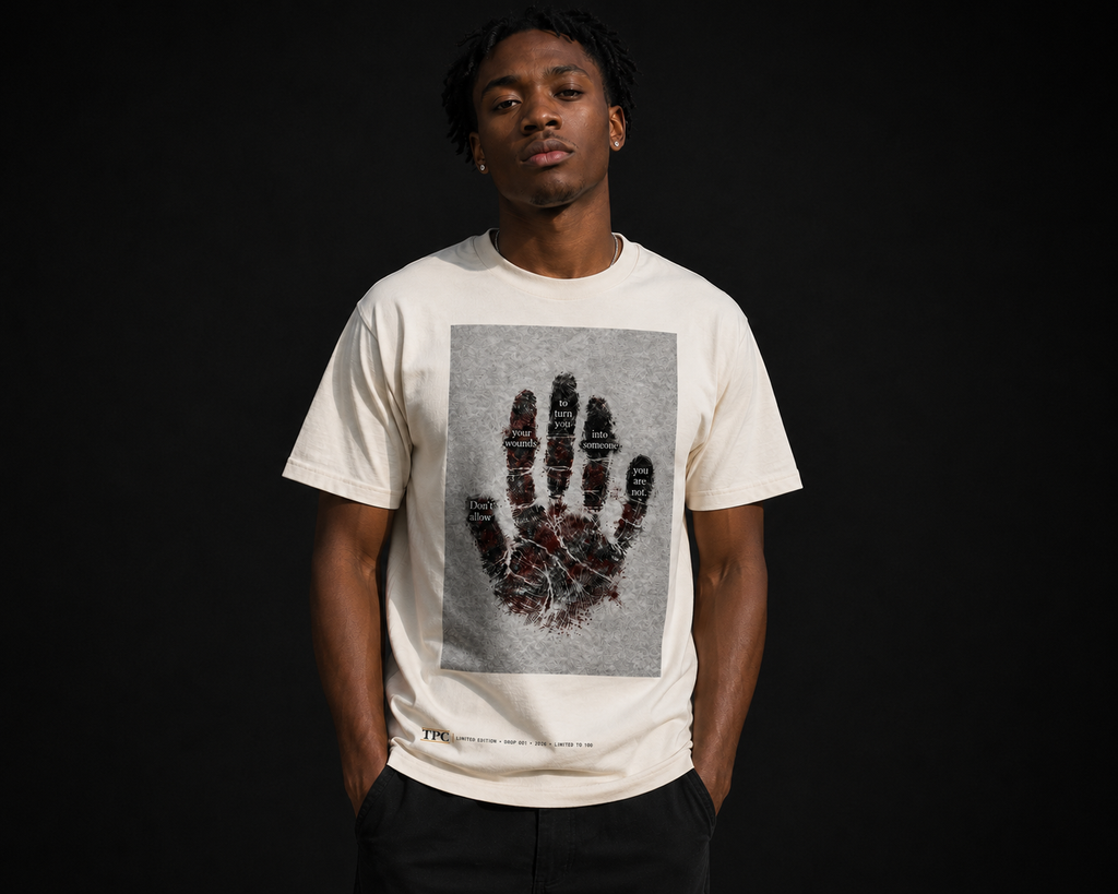 Model wearing the TPC Wounds tee, front view of the handprint artwork